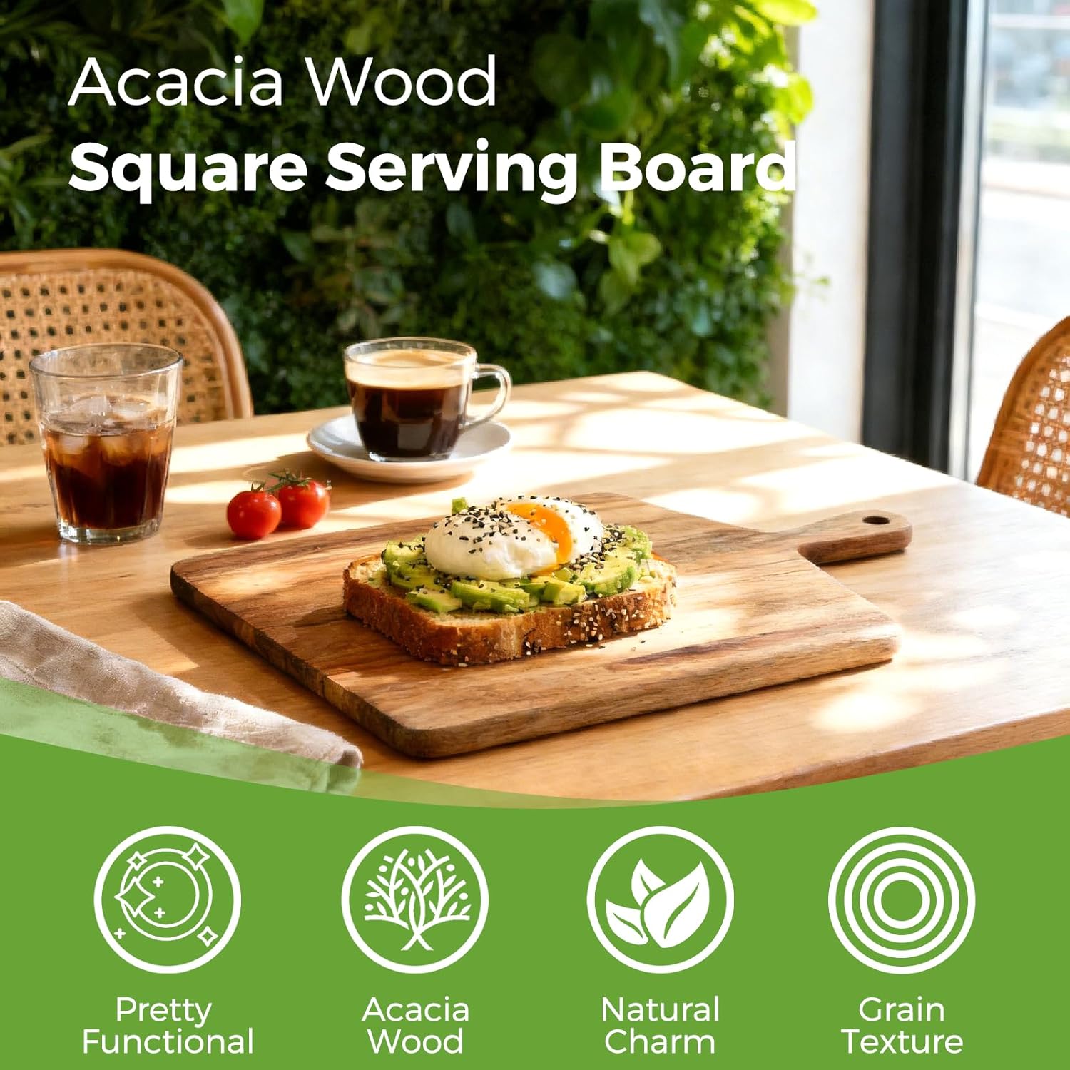 Acacia Wood Cutting Board with Handle, Wooden Chopping Board for Meat, Cheese, Bread & Vegetables, Decorative Charcuterie Serving Board for Kitchen Cooking, Pizza & Party Dining, 17"x13"