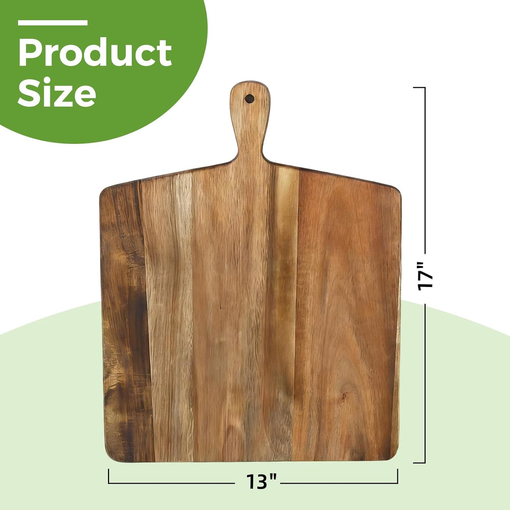 Acacia Wood Cutting Board with Handle, Wooden Chopping Board for Meat, Cheese, Bread & Vegetables, Decorative Charcuterie Serving Board for Kitchen Cooking, Pizza & Party Dining, 17"x13"