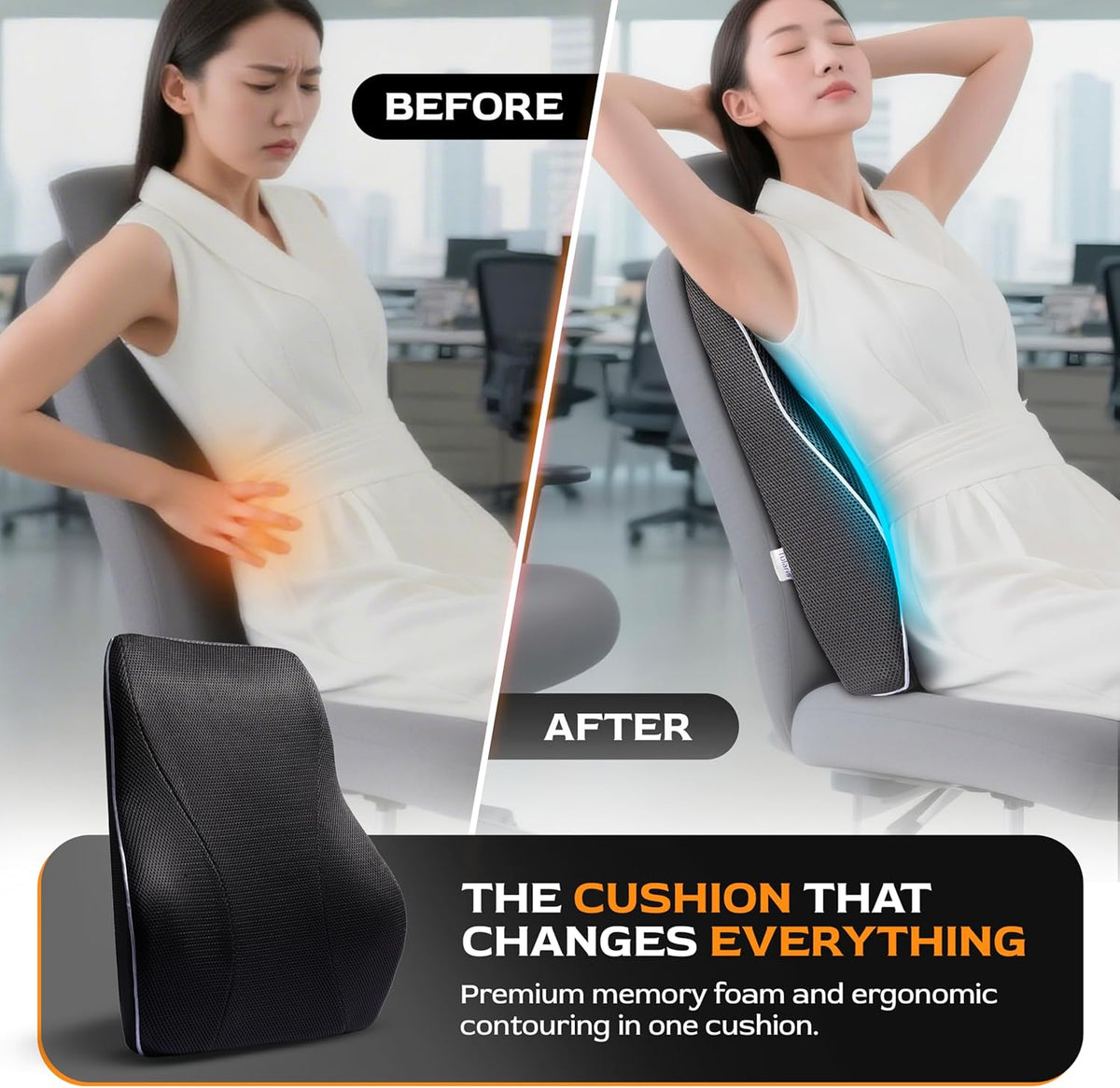 Extra Dense Lumbar Pillow with Double Adjustable Straps - Ergonomic Lumbar Support Pillow for Office Chair, Car, Couch Firm Back Support for Lower Back & Spine Pain Relief Memory Foam Cushion