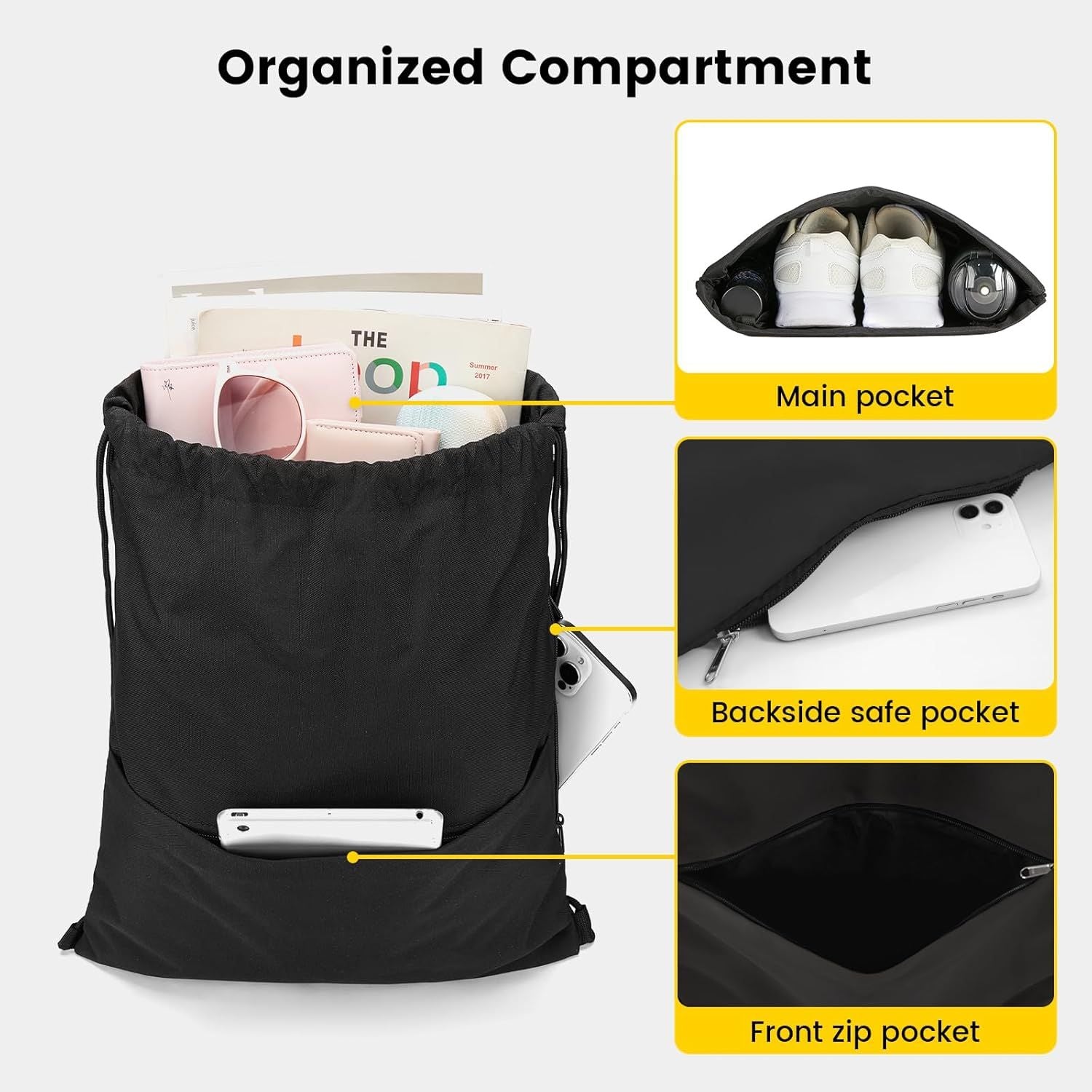 Drawstring Backpack Water Resistant String Bag Sports Sackpack Gym Sack with Side Pocket for Men Women