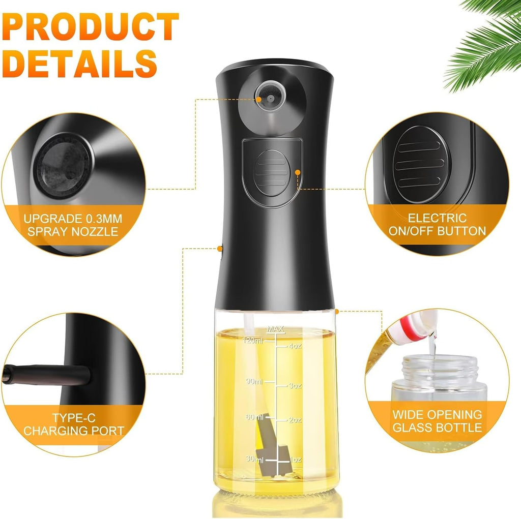 Electric Oil Sprayer for Cooking, Glass Oil Sprayer Mister, Olive Oil Spray Bottle, The Real Oil Mister for Salads, Baking, Grilling, and Ideal for Air Fryers, Black