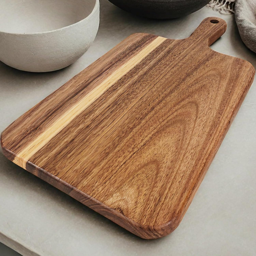Acacia Wood Cutting Board with Handle, Wooden Cutting Boards, Chopping Board, Charcuterie Board, Serving Board for Cheese, Bread, Pizza, Vegetables & Fruits (1, 13.8''L x 7''W)