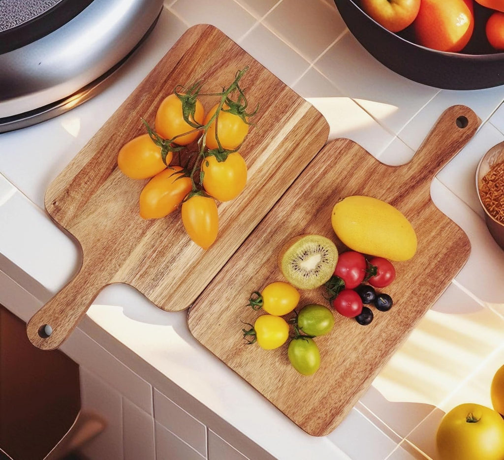 Acacia Wood Cutting Board with Handle, Wooden Cutting Boards, Chopping Board, Charcuterie Board, Serving Board for Cheese, Bread, Pizza, Vegetables & Fruits (1, 13.8''L x 7''W)