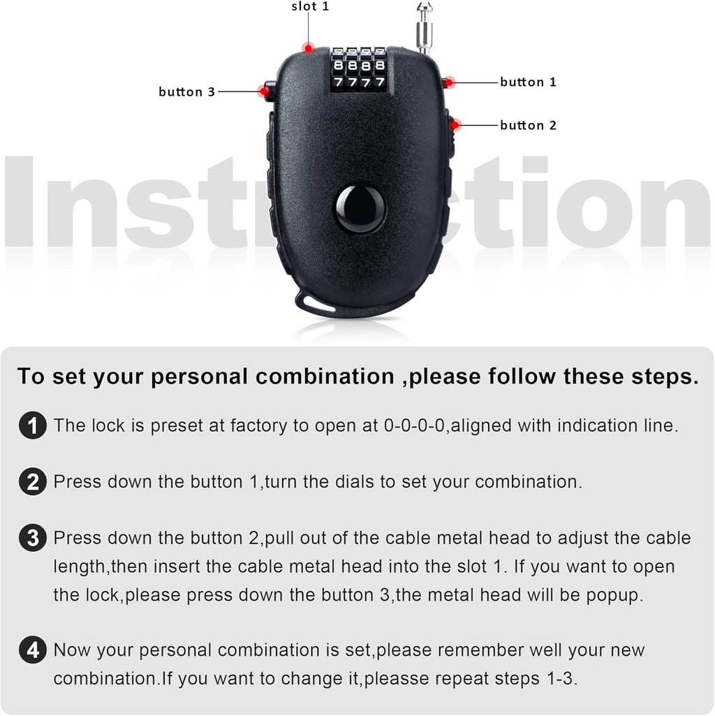 Snowboardslot - 4-position combination 27.5 inch - retractable cable lock - for snowboards, bikes, luggage, backpacks, scooters, suitcases - small - multi-functional - travel security lock - black