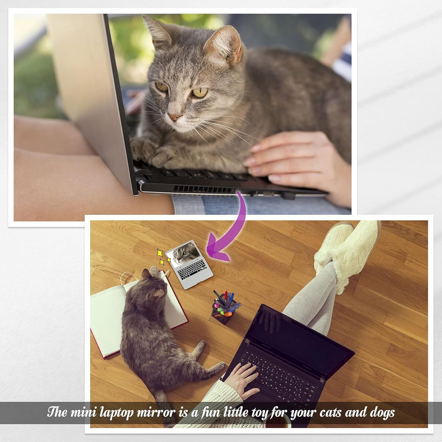 Mini Cat Laptop Toy Pocket Mirror Cat Laptop 3.7 x 2.5 Inch Tiny ake Computer Compact Mirror or Dollhouse Pet Travel Makeup Decoration(Silver)
