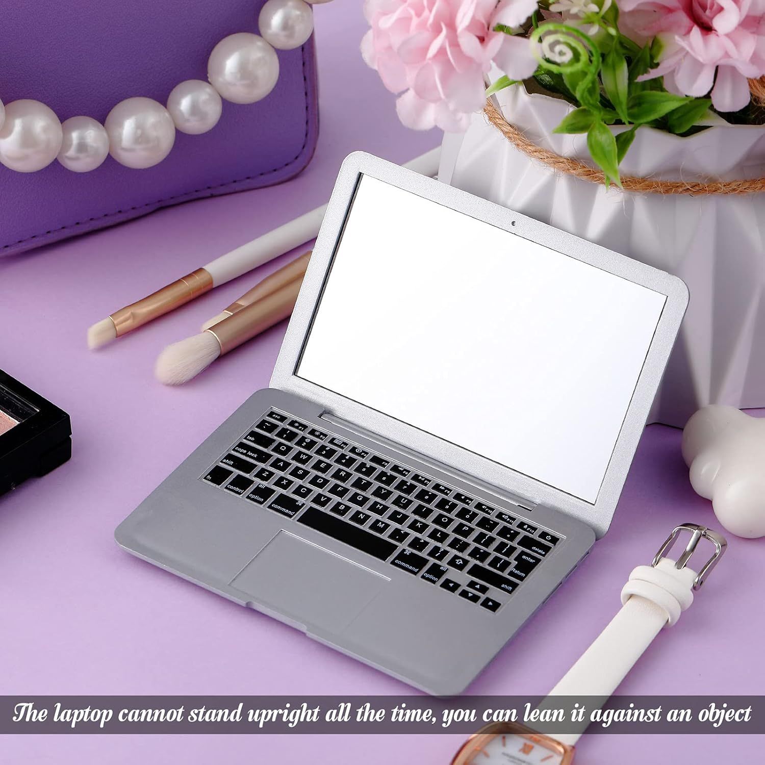 Mini Cat Laptop Toy Pocket Mirror Cat Laptop 3.7 x 2.5 Inch Tiny ake Computer Compact Mirror or Dollhouse Pet Travel Makeup Decoration(Silver)