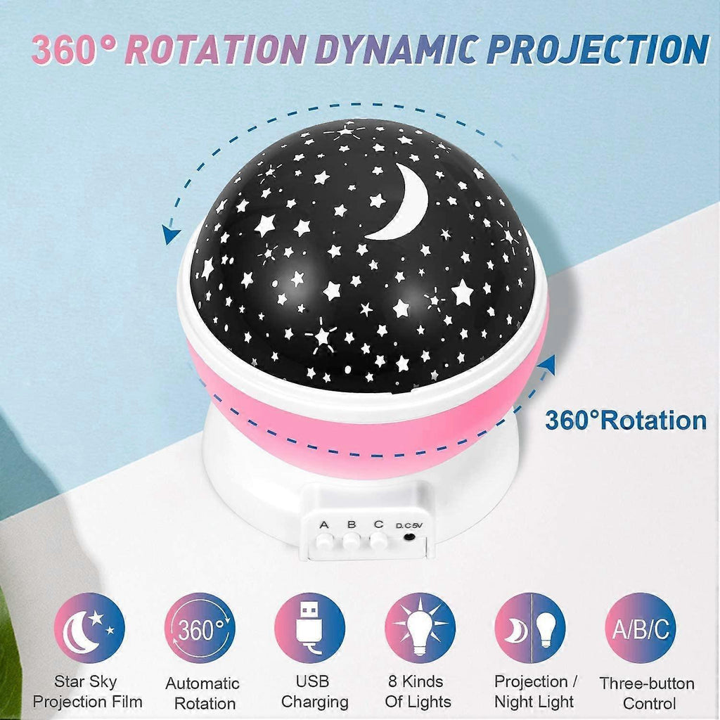 Babies Night Light Moon Star Projector - USB Cable 360 Degree Rotation Romantic Night Lighting LED Night Light for Decoration (Pink)