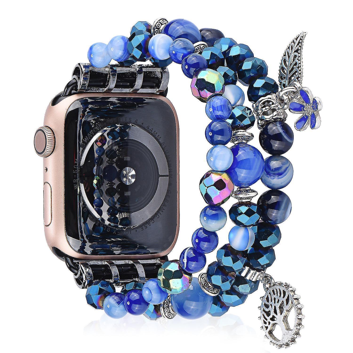 Fashion Iwatch Blue Crystal Beaded Bracelet Watchband Strap With Life Tree And Leaf Pendant For Apple Watch Series 7 45mm / 4/5/6/se 44mm / 1/2/3 42mm