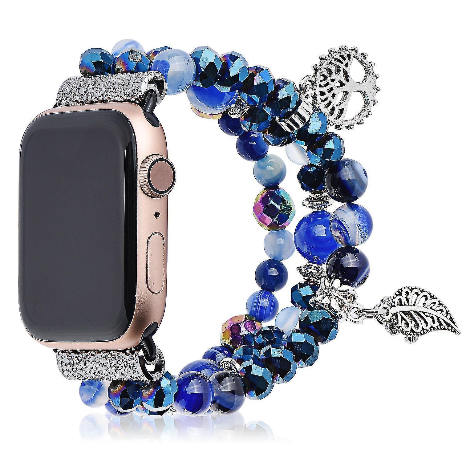 Fashion Iwatch Blue Crystal Beaded Bracelet Watchband Strap With Life Tree And Leaf Pendant For Apple Watch Series 7 45mm / 4/5/6/se 44mm / 1/2/3 42mm