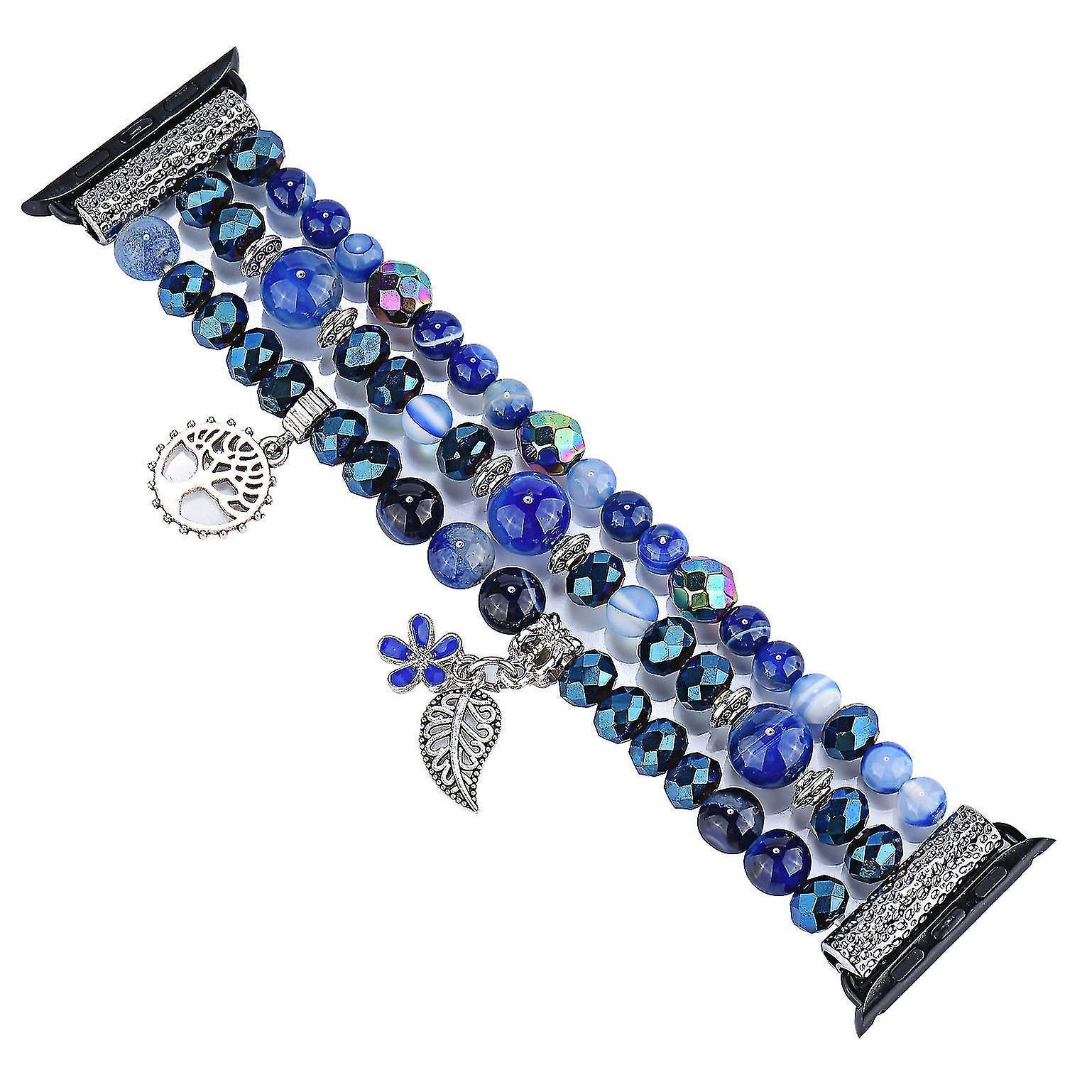 Fashion Iwatch Blue Crystal Beaded Bracelet Watchband Strap With Life Tree And Leaf Pendant For Apple Watch Series 7 45mm / 4/5/6/se 44mm / 1/2/3 42mm