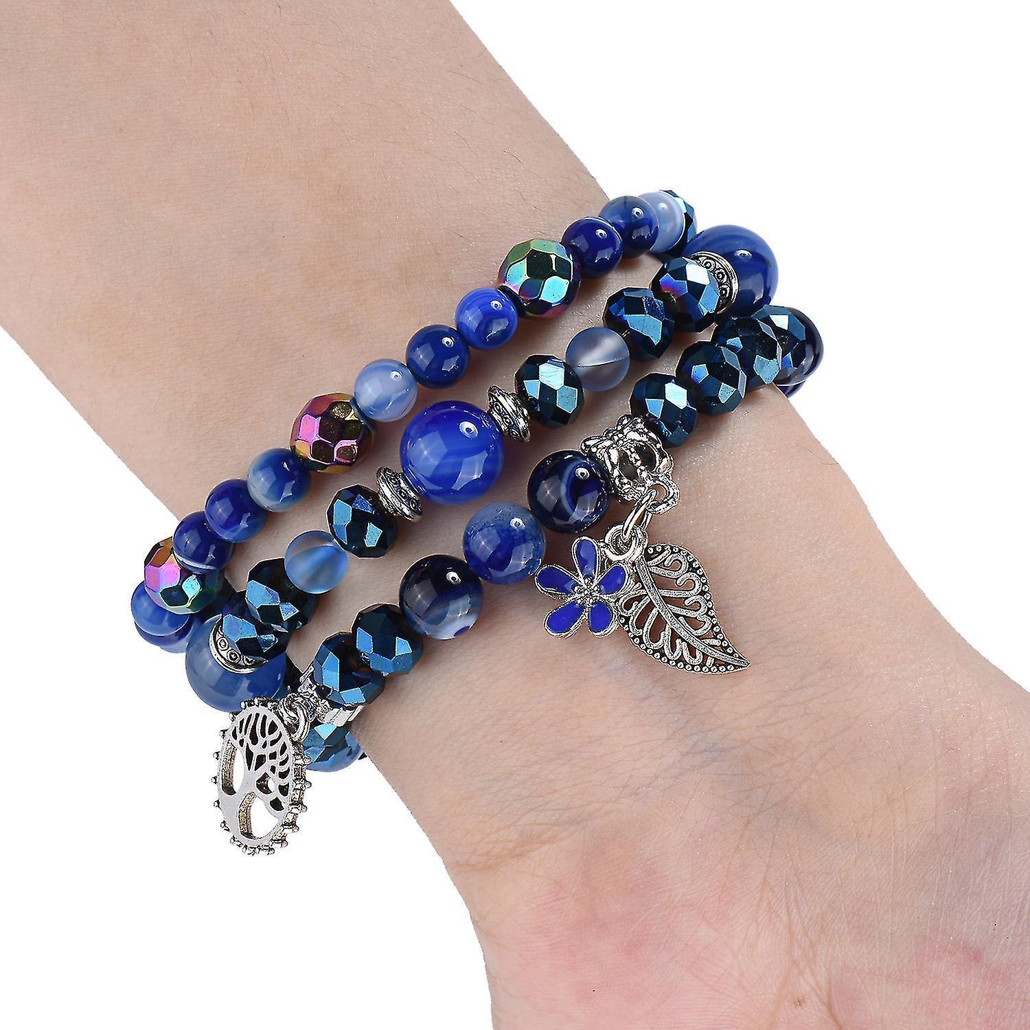 Fashion Iwatch Blue Crystal Beaded Bracelet Watchband Strap With Life Tree And Leaf Pendant For Apple Watch Series 7 45mm / 4/5/6/se 44mm / 1/2/3 42mm