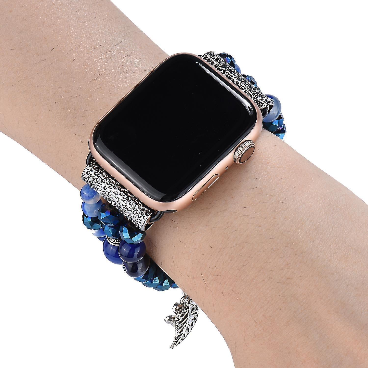 Fashion Iwatch Blue Crystal Beaded Bracelet Watchband Strap With Life Tree And Leaf Pendant For Apple Watch Series 7 45mm / 4/5/6/se 44mm / 1/2/3 42mm