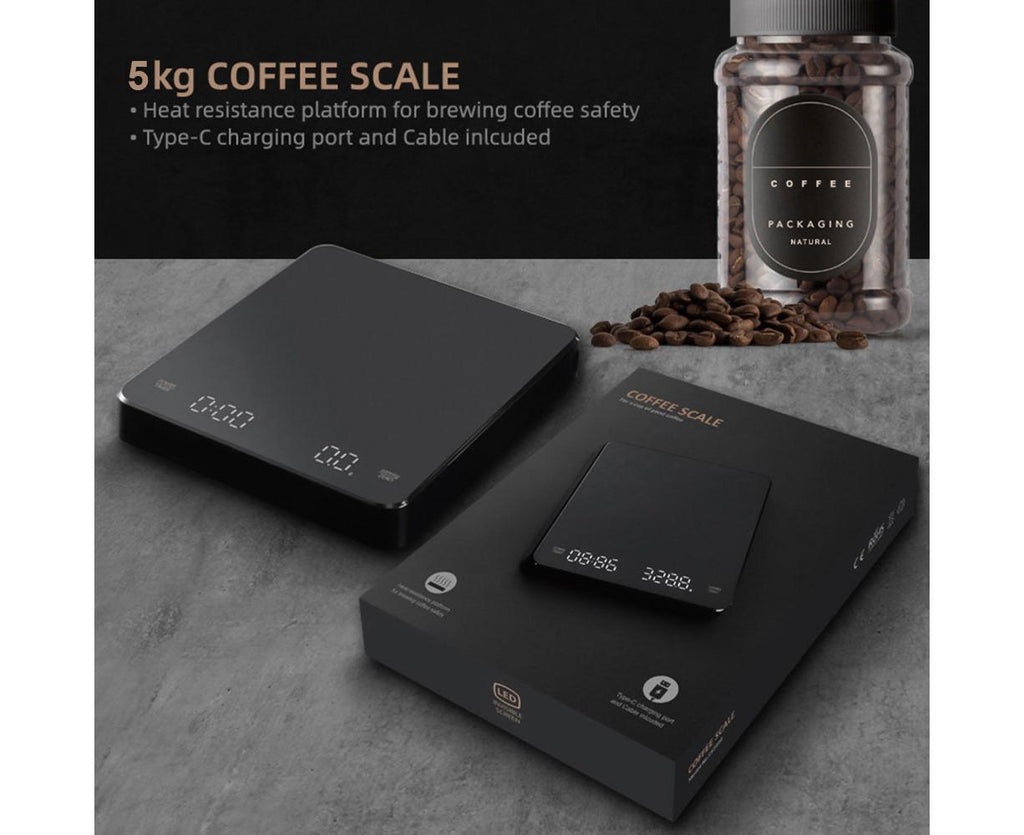 Digital Coffee Scale with Timer LED Screen Espresso Scale Built-in Battery 5kg Max.Weighing 0.1g High Precision Measures in oz/ml/g Kitchen