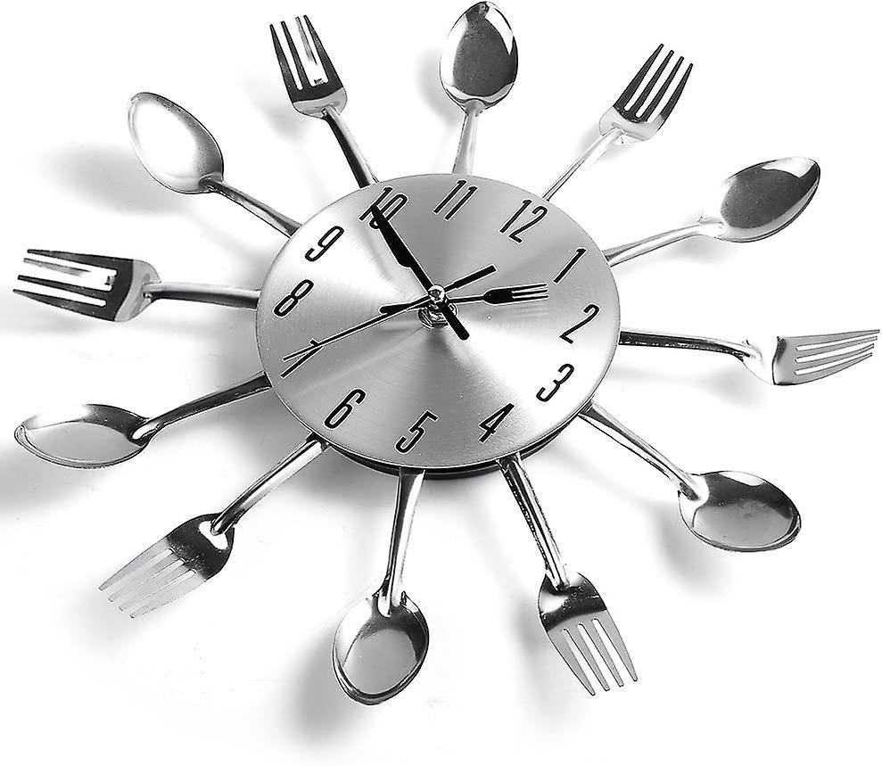 Stainless Steel Kitchen Utensils Clock For Kitchen  Indoor And Outdoor Kitchen Cutlery Silver Wall Clock With Tinted Forks Spoons Spatula