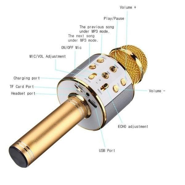 Handheld Wireless Bluetooth Microphone with Speaker for IOS Android Phone Computer 1800mAh Battery Gold