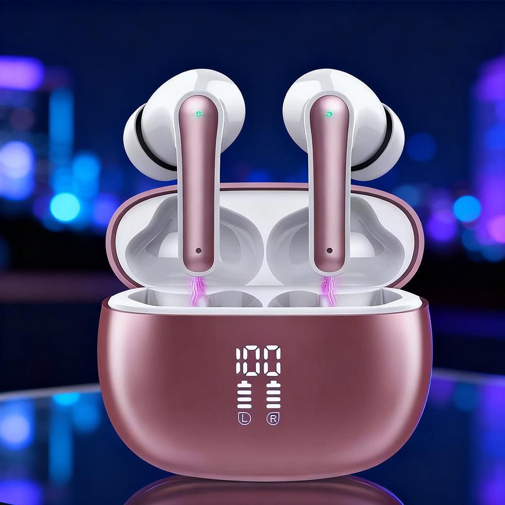 Wireless Bluetooth Noise-Cancelling In-Ear Earbuds with LED Display Rose Gold