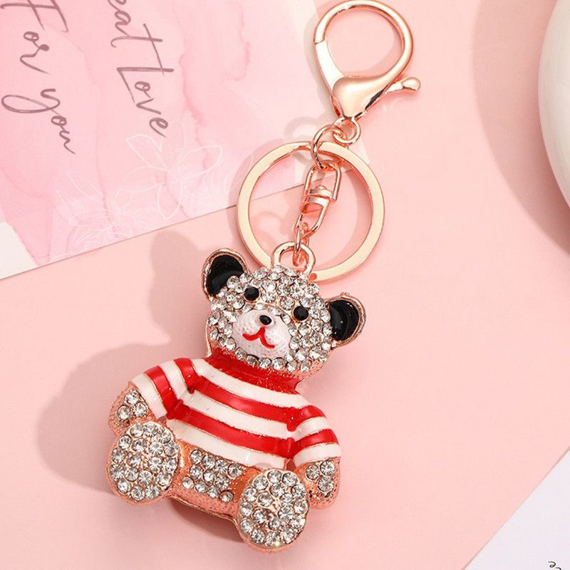 Red - Rhinestone Striped Bear Keychain, Cute Enamel Cartoon Bear Bag Charm Pendant, Alloy Bling Key Ring Accessories for Gifts & Bag Decoration