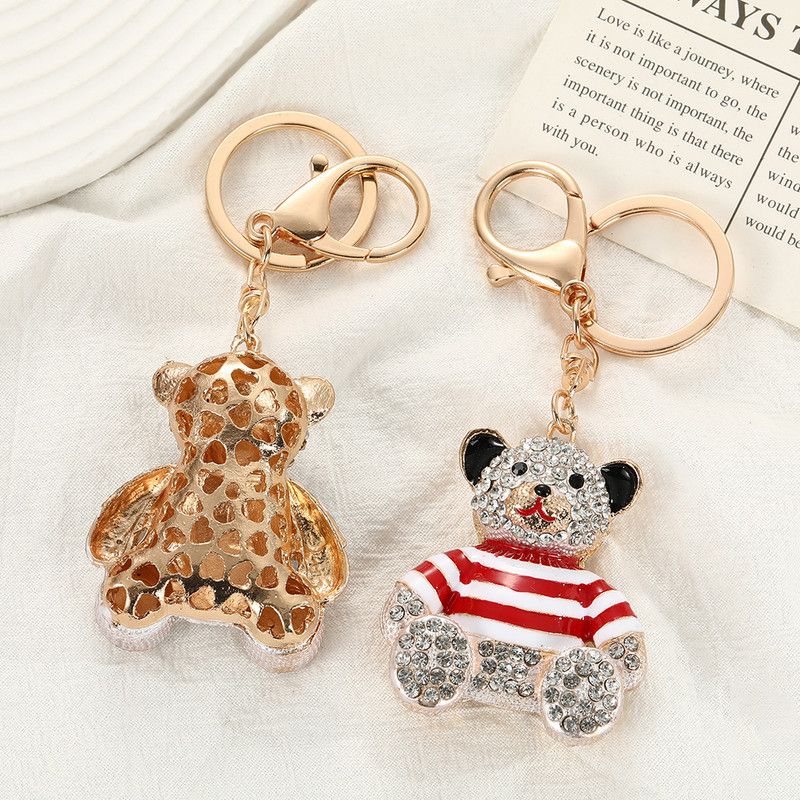 Red - Rhinestone Striped Bear Keychain, Cute Enamel Cartoon Bear Bag Charm Pendant, Alloy Bling Key Ring Accessories for Gifts & Bag Decoration