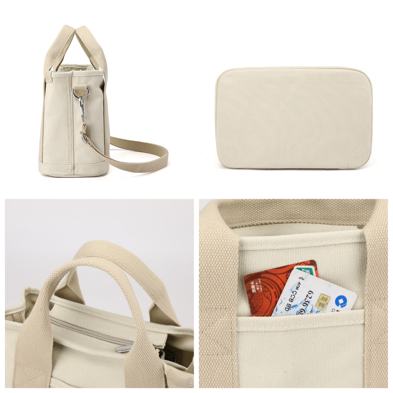 Multi-Compartment Canvas Tote Bag, 3-Way Handheld, Crossbody, and Shoulder Bag with Adjustable Strap for Daily Work and Shopping - Khaki