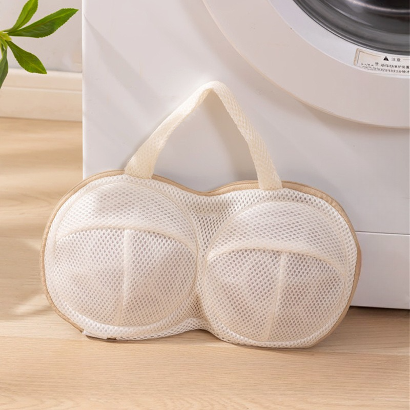 3D Support Bra Laundry Bag, Thick Mesh Bra Wash Bag with Zipper & Handle, Anti-Deformation Bra Protector for Washing Machine - Beige