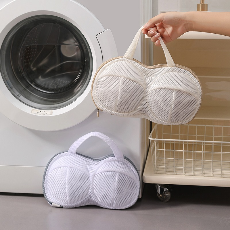 3D Support Bra Laundry Bag, Thick Mesh Bra Wash Bag with Zipper & Handle, Anti-Deformation Bra Protector for Washing Machine - Beige
