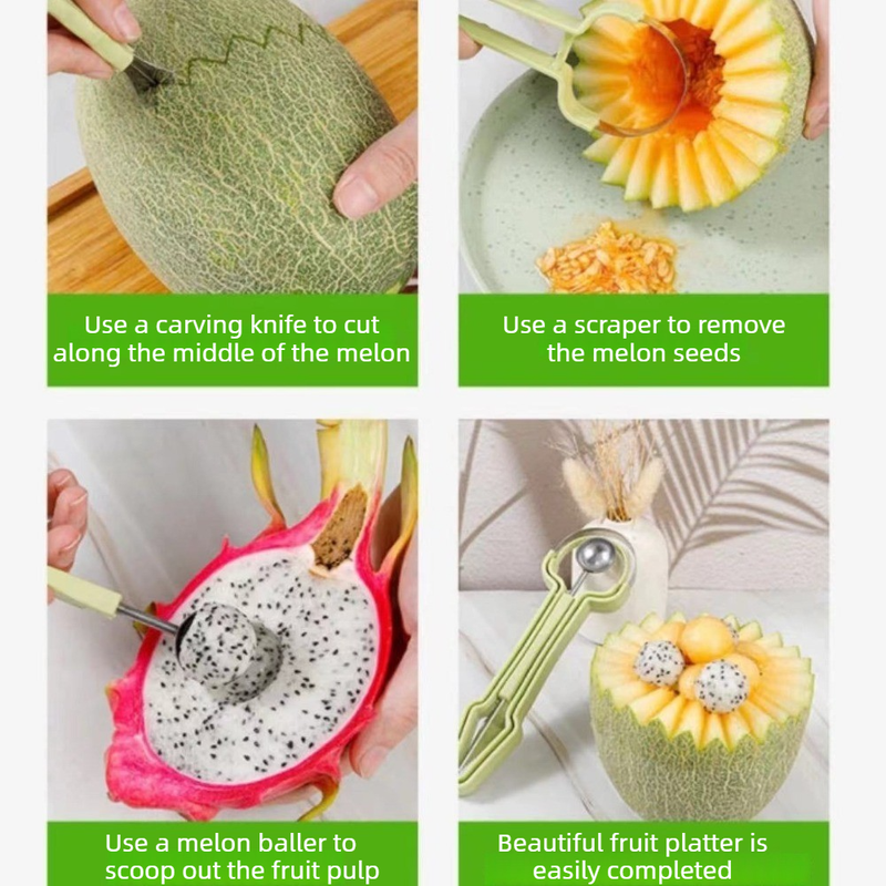 3-in-1 Stainless Steel Fruit Carving Scoop, Multi-Function Melon Seed Remover Kitchen Tool