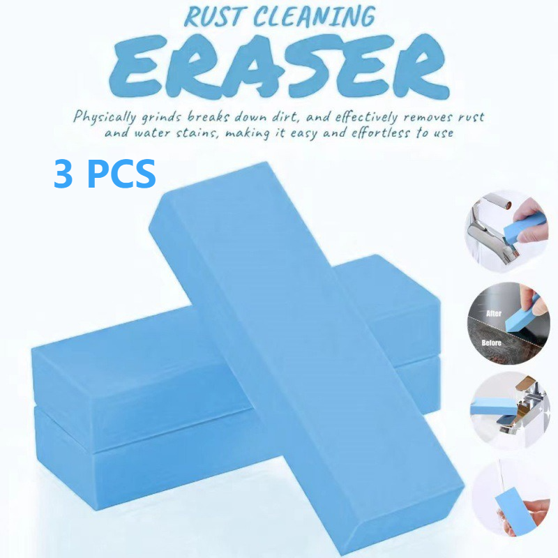 3-Pack - Stainless Steel Rust Cleaning Eraser, Multi-Purpose Stain Remover Block for Kitchen Limescale & Rust - Blue