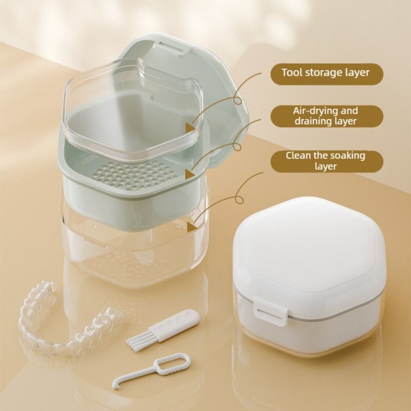3-Layer Drainable Retainer Storage Case, Portable Invisible Braces & Denture Soaking Cleaning Box - White