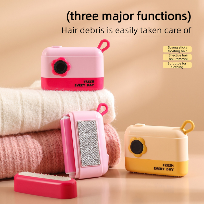 3-in-1 Camera-Shaped Washable Lint Roller, Reusable Portable Pet Hair Remover & Fabric Shaver Brush—Pink