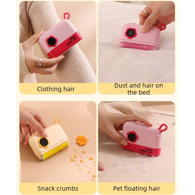 3-in-1 Camera-Shaped Washable Lint Roller, Reusable Portable Pet Hair Remover & Fabric Shaver Brush—Pink