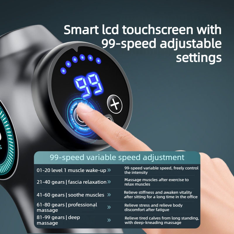 99-Speed Touchscreen Fascia Gun with 8 Massage Heads, Rechargeable Deep Tissue Muscle Massager—Dark Gray