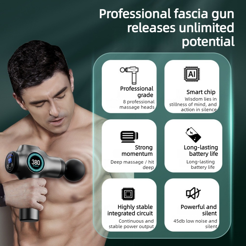 99-Speed Touchscreen Fascia Gun with 8 Massage Heads, Rechargeable Deep Tissue Muscle Massager—Dark Gray