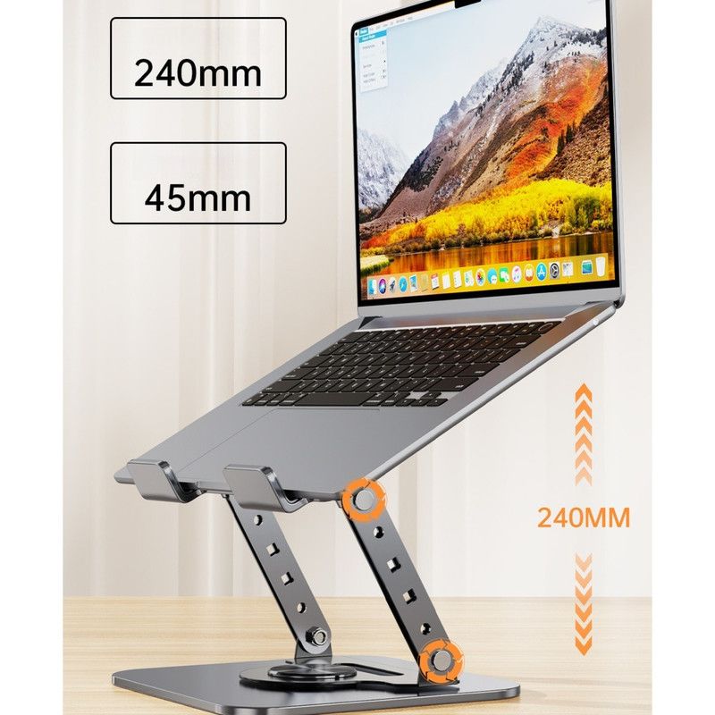 Rotatable Carbon Steel Laptop Stand, Dual-Axis Adjustable Foldable Cooling Riser, Fits Laptops Up to 17.3 Inches—Gray