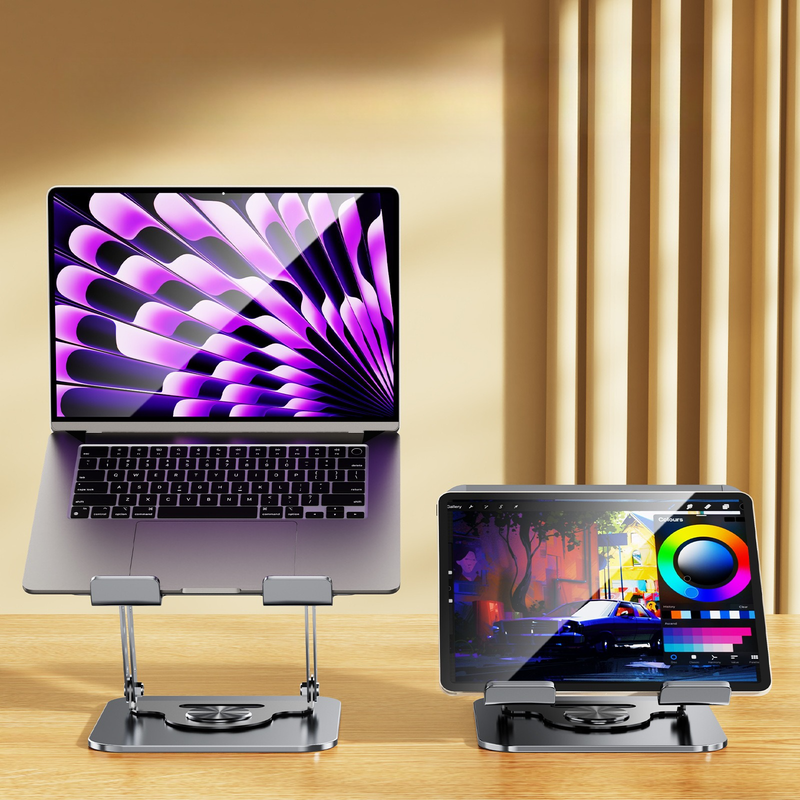 Rotatable Carbon Steel Laptop Stand, Dual-Axis Adjustable Foldable Cooling Riser, Fits Laptops Up to 17.3 Inches—Gray