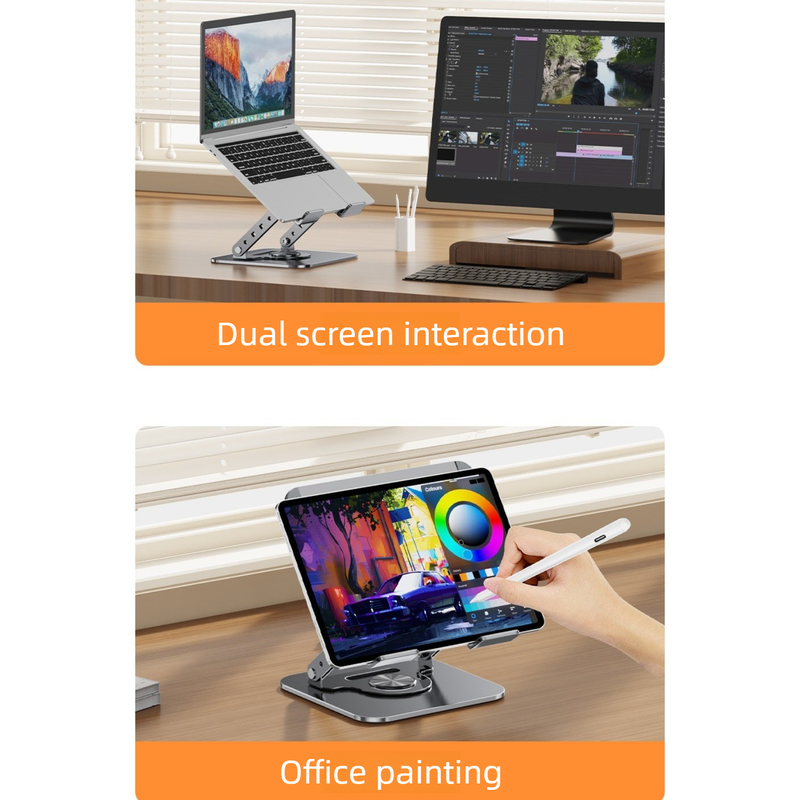 Rotatable Carbon Steel Laptop Stand, Dual-Axis Adjustable Foldable Cooling Riser, Fits Laptops Up to 17.3 Inches—Gray