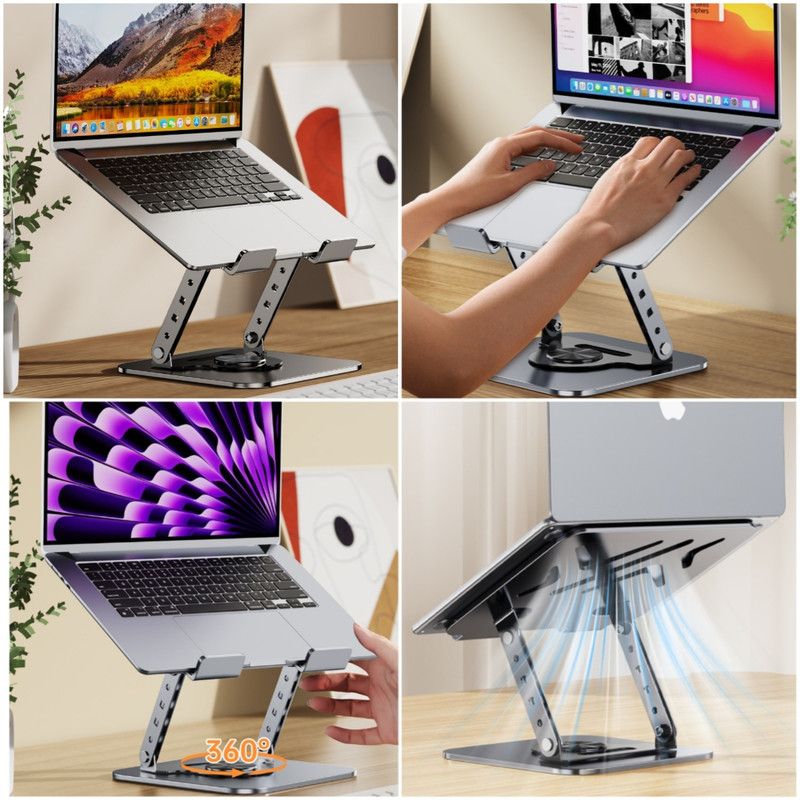 Rotatable Carbon Steel Laptop Stand, Dual-Axis Adjustable Foldable Cooling Riser, Fits Laptops Up to 17.3 Inches—Gray