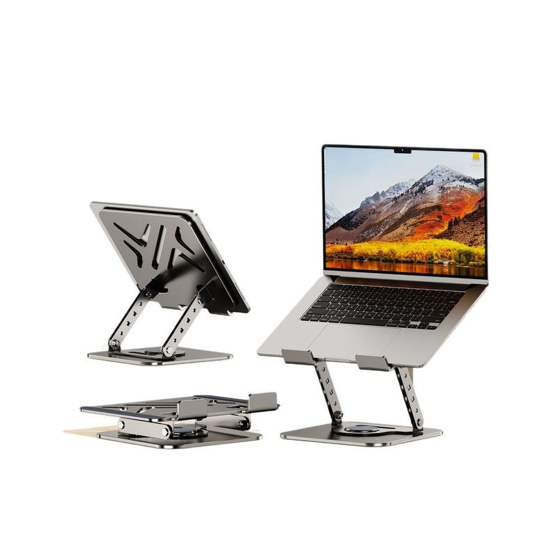 Rotatable Carbon Steel Laptop Stand, Dual-Axis Adjustable Foldable Cooling Riser, Fits Laptops Up to 17.3 Inches—Gray