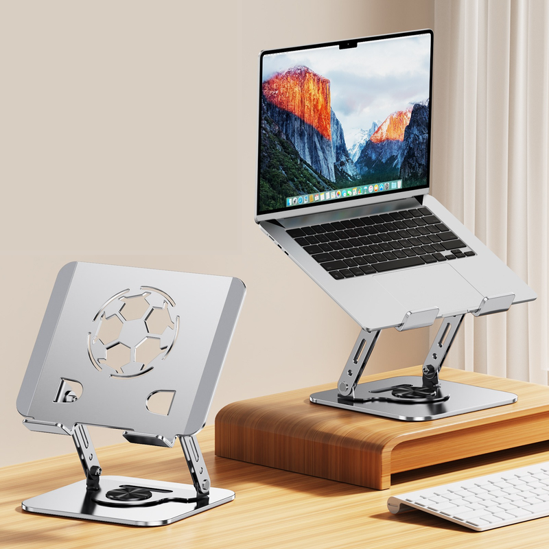 All-Metal Laptop Stand, Football-Shaped Hollow Cooling Dual-Bar Height-Adjustable Riser, Fits Laptops 10–17.3 IN – Silver