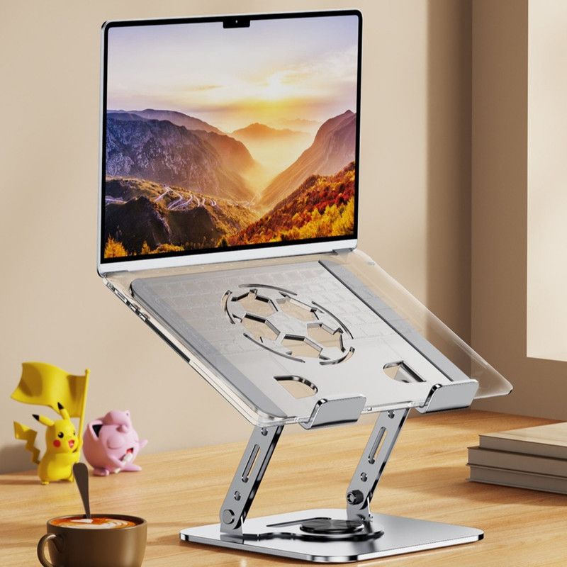 All-Metal Laptop Stand, Football-Shaped Hollow Cooling Dual-Bar Height-Adjustable Riser, Fits Laptops 10–17.3 IN – Silver