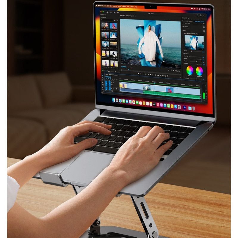 All-Metal Laptop Stand, Football-Shaped Hollow Cooling Dual-Bar Height-Adjustable Riser, Fits Laptops 10–17.3 IN – Silver