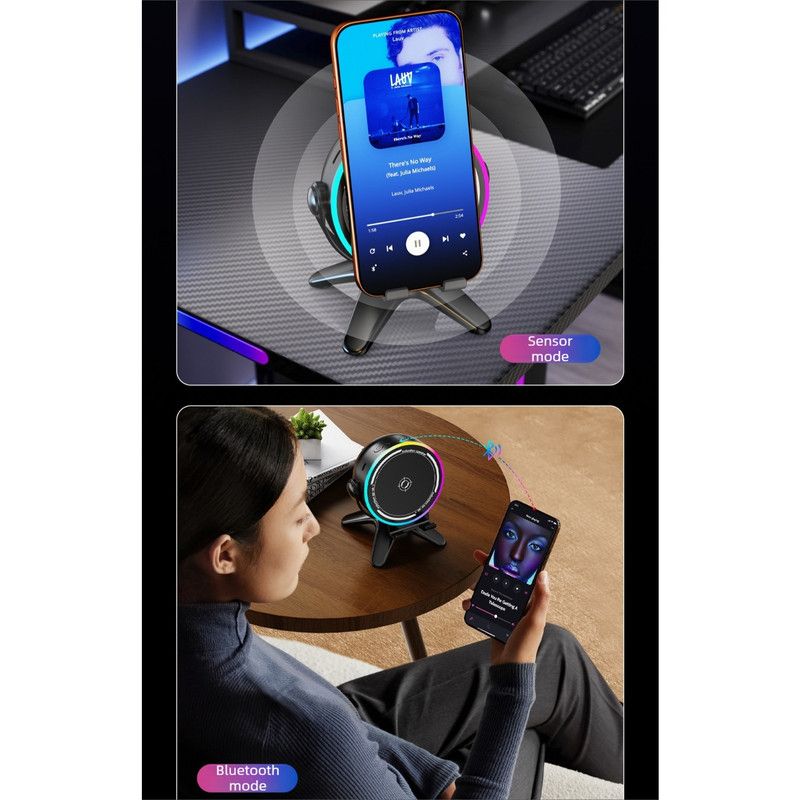 Bluetooth Speaker 2-in-1 Phone Stand, Dual-Mode RGB Ambient Light, Hi-Fi Stereo Audio—White