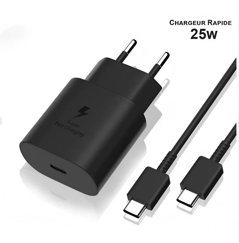 25W USB-C Fast Charger - Black, 1m Cable, Compatible with Samsung
