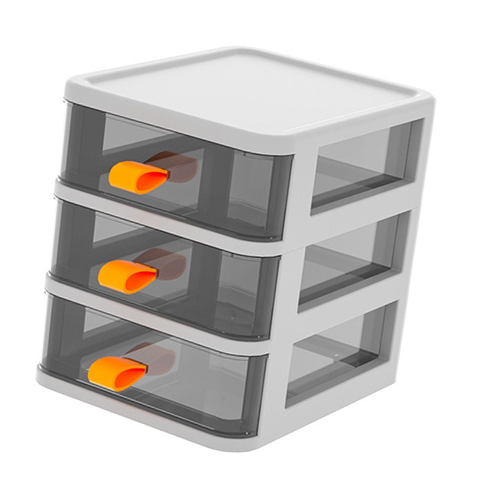 Drawer Type Desktop Storage Box Transparent Desktop Stationery Organizer with Orange Handle 3 Layer White 13.4x17x17cm