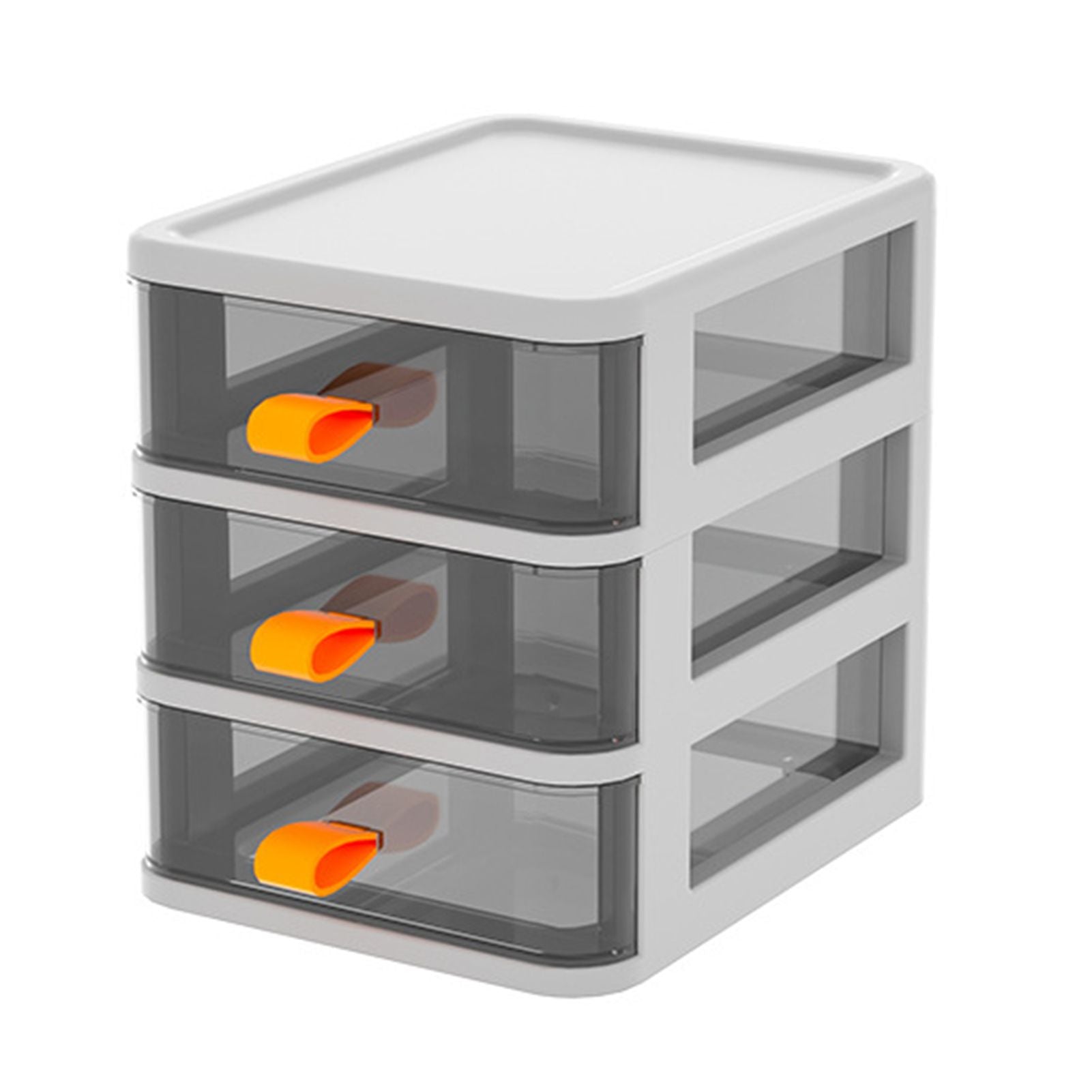 Drawer Type Desktop Storage Box Transparent Desktop Stationery Organizer with Orange Handle 3 Layer White 13.4x17x17cm