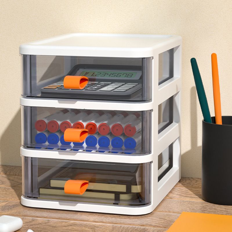 Drawer Type Desktop Storage Box Transparent Desktop Stationery Organizer with Orange Handle 3 Layer White 13.4x17x17cm