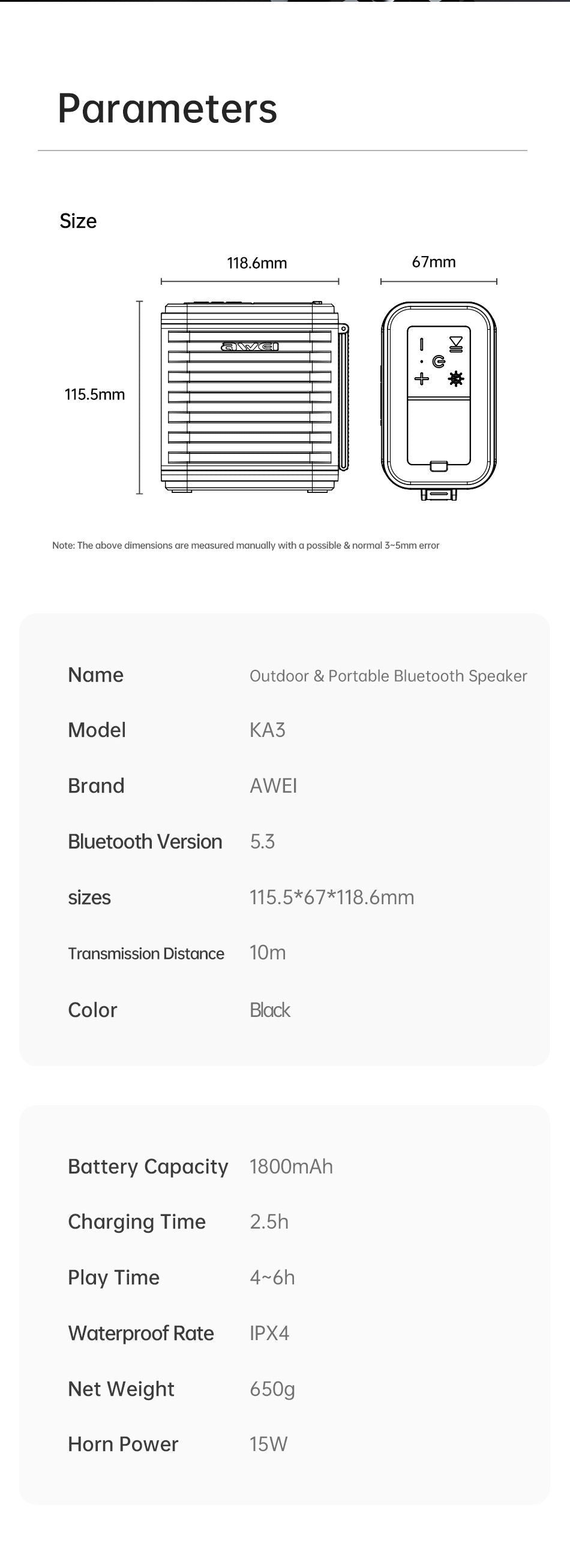 AWEI KA3 20W Wireless Bluetooth Soundbar，black
