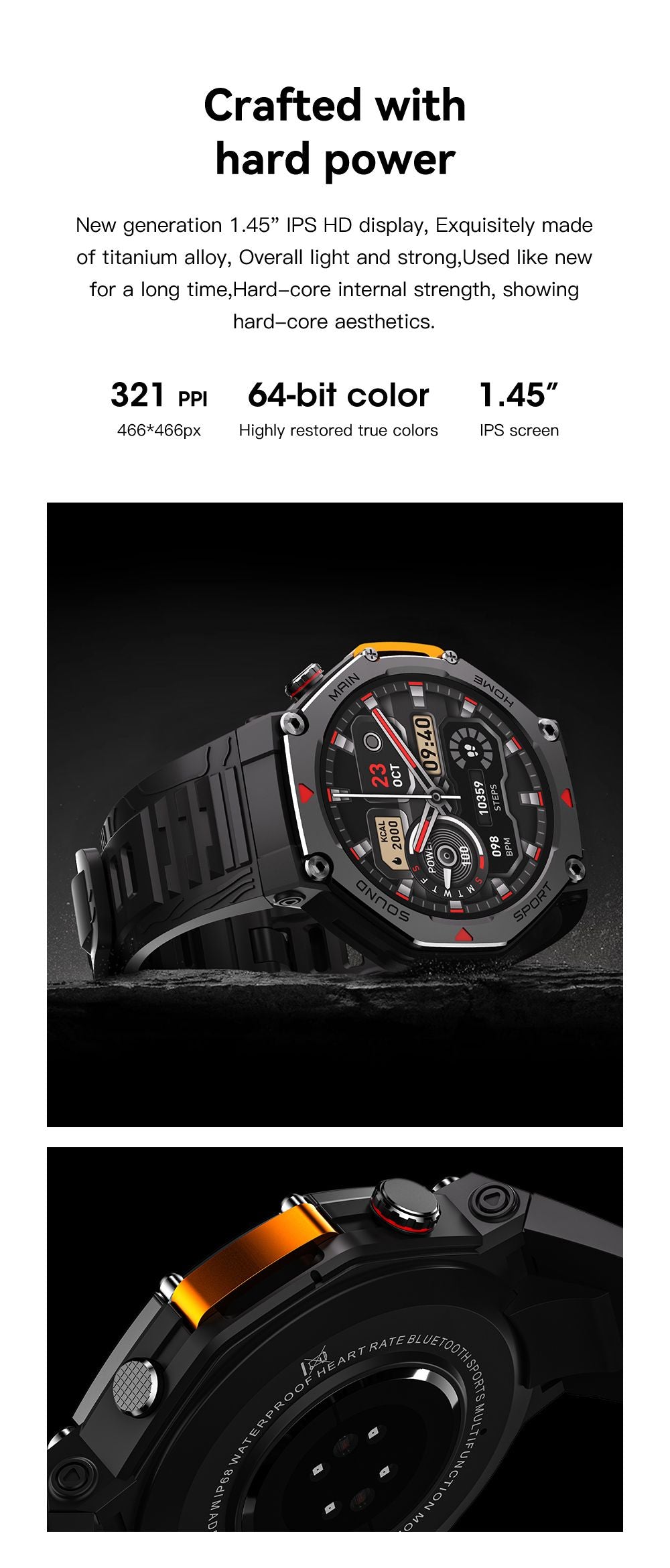 M-Rex4 Men Rugged GPS Smart Watch, 5ATM Waterproof Bluetooth Call Fitness Tracker Heart Rate Sleep Monitor，Orange Red