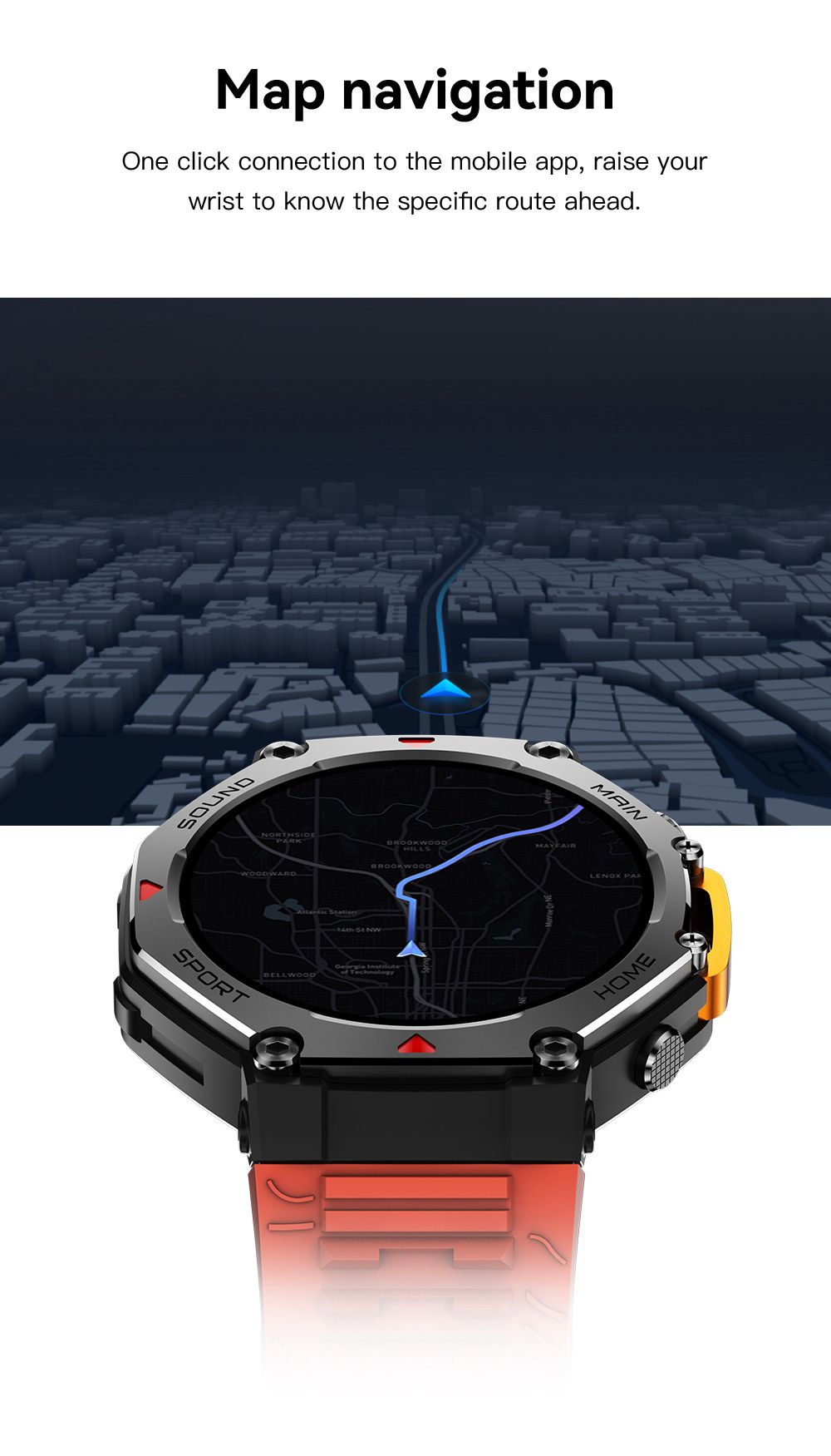 M-Rex4 Men Rugged GPS Smart Watch, 5ATM Waterproof Bluetooth Call Fitness Tracker Heart Rate Sleep Monitor，Orange Red