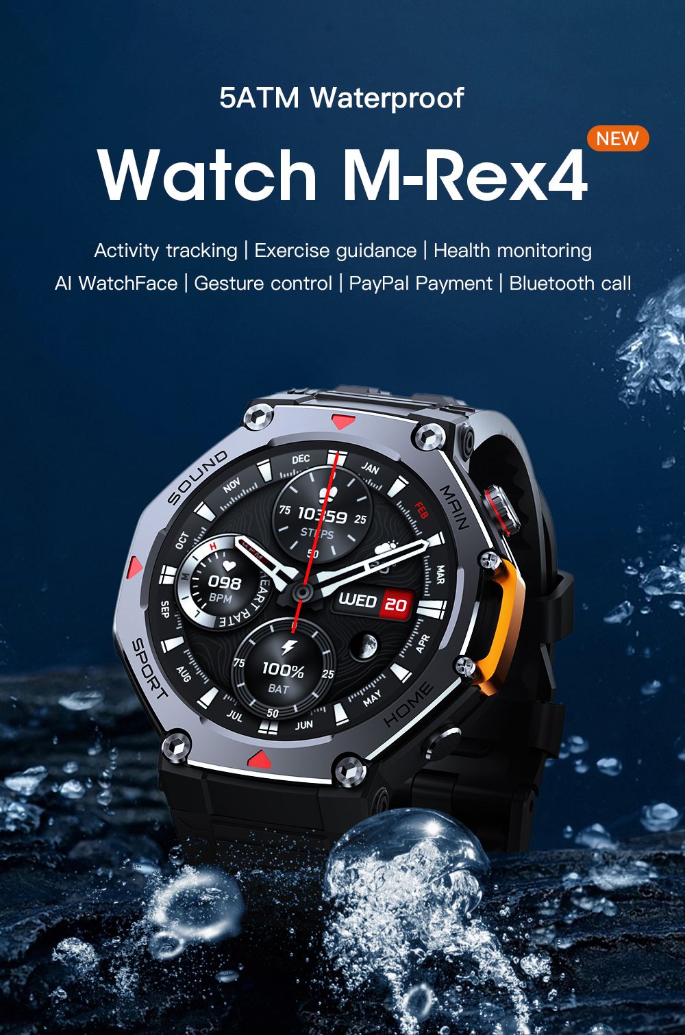 M-Rex4 Men Rugged GPS Smart Watch, 5ATM Waterproof Bluetooth Call Fitness Tracker Heart Rate Sleep Monitor，white