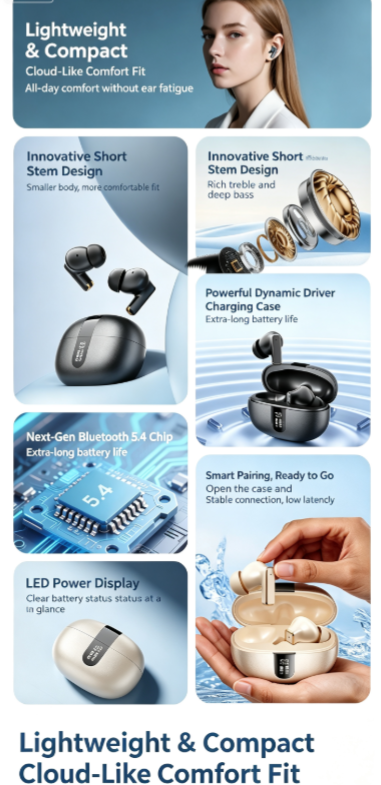 Y8 Bluetooth 6.0 Wireless Heavy Bass Earbuds ENC Noise Cancelling In Ear Headphones,Cream